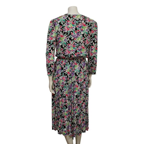 Vintage 80s Warren Z Pink Purple Midi Dress Size 14 Rayon Elastic Waist Boho - Picture 4 of 6